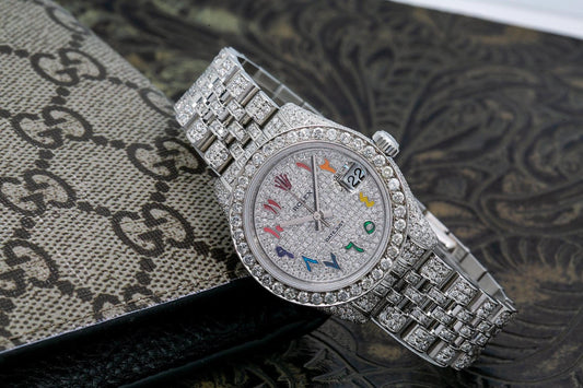 Rolex Datejust 31MM 178240 Diamond Paved Rainbow Eastern Arabic Dial Diamond Bezel Stainless Steel Full Diamond Jubilee Bracelet