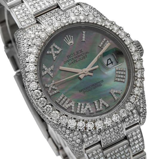 Rolex Datejust 36MM 116234 Black Mother of Pearl Roman Diamond Dial Diamond Bezel Stainless Steel Full Diamond Oyster Bracelet 12.05ct