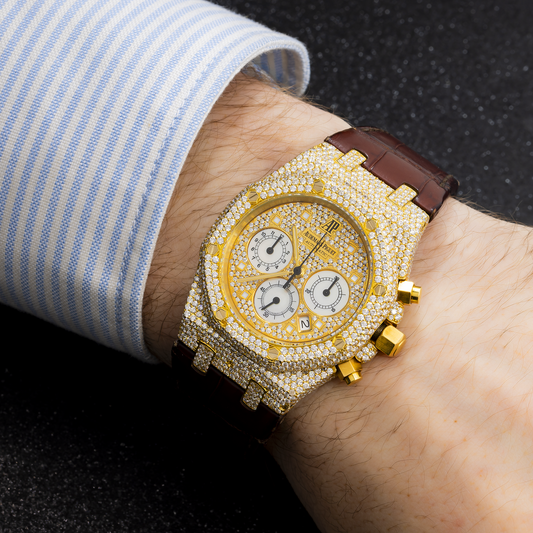 AUDEMARS PIGUET ROYAL OAK CHRONOGRAPH 26022BA 39MM SET WITH DIAMONDS - PAVE DIAL AND LEATHER BRACELET