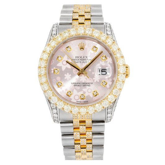 Rolex Datejust 36MM 116233 Pink Floral Diamond Dial Diamond Bezel Two Tone Yellow Gold Semi Diamond Jubilee Bracelet