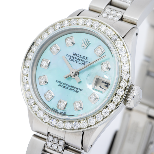 Rolex Datejust 26MM 6916 Blue Mother of Pearl Diamond Dial Diamond Bezel Stainless Steel Semi Diamond Oyster Bracelet