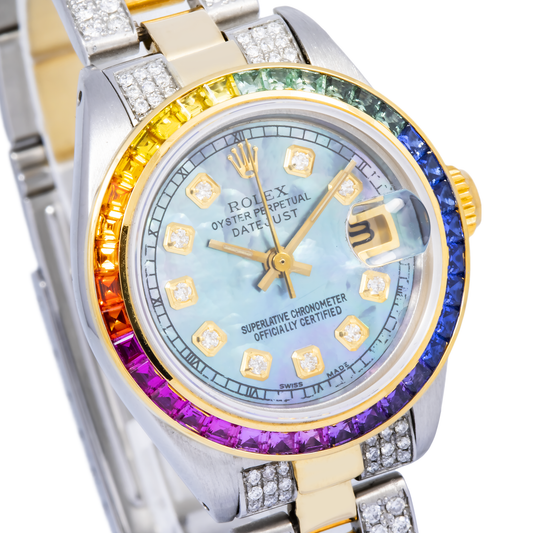 Rolex Datejust 26MM 69173 Blue Mother of Pearl Diamond Dial Rainbow Gemstone Bezel Two Tone Yellow Gold Semi Diamond Oyster Bracelet