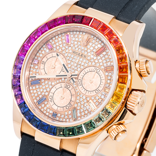 Rolex Cosmograph Daytona 40MM 116515LN Diamond Paved Rainbow Hour Dial Rainbow Gemstone Bezel Black Oysterflex Strap
