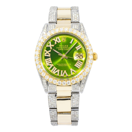 Rolex Datejust 36MM 16233 Green Roman Diamond Dial Diamond Bezel Two Tone Yellow Gold Semi Diamond Oyster Bracelet