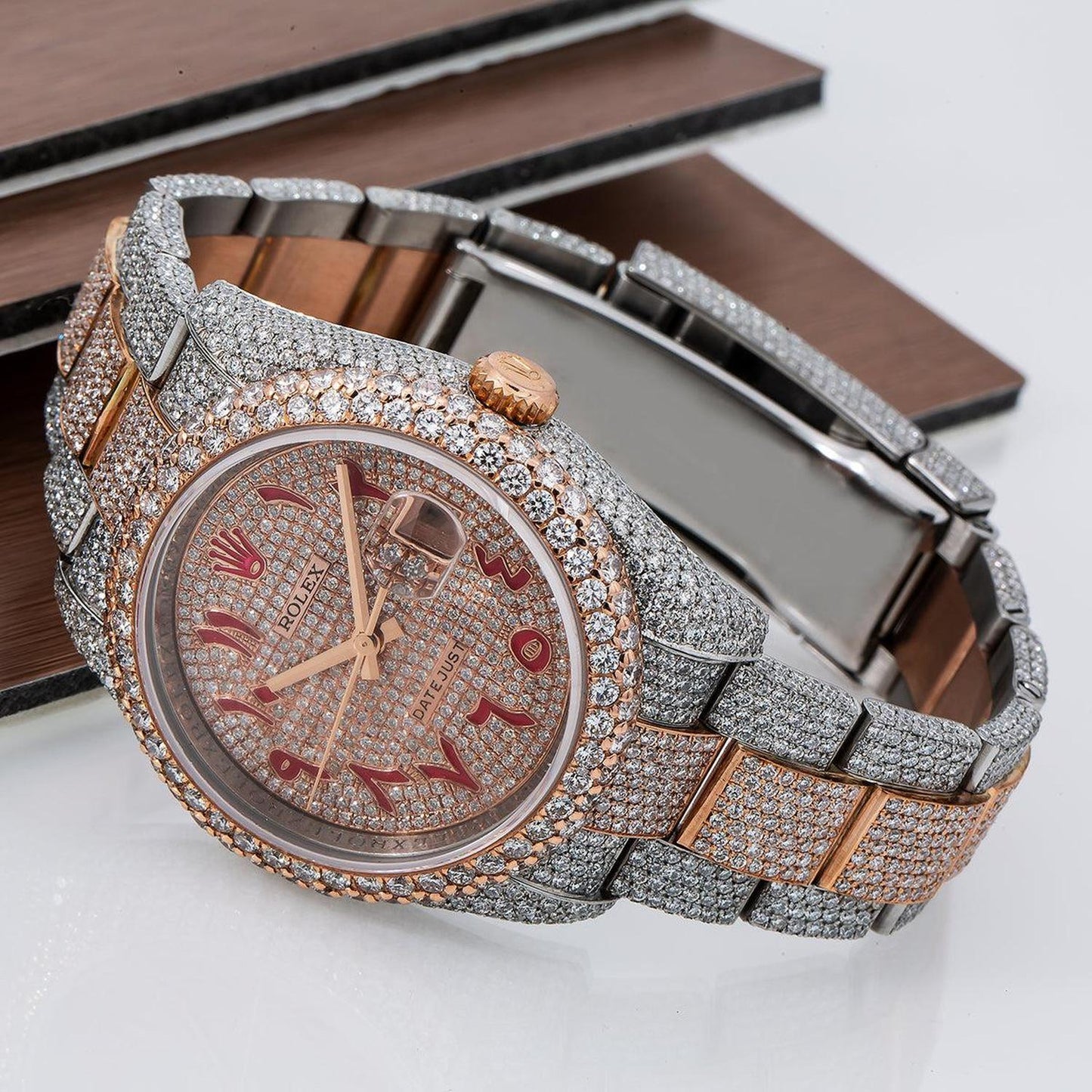 Rolex Datejust 36MM 116201 Diamond Paved Red Eastern Arabic Dial Diamond Bezel Two Tone Rose Gold Full Diamond Oyster Bracelet 21.75ct