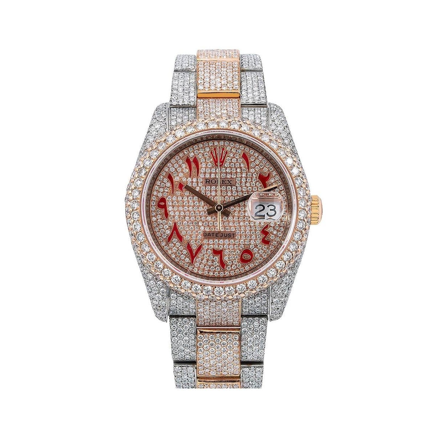 Rolex Datejust 36MM 116201 Diamond Paved Red Eastern Arabic Dial Diamond Bezel Two Tone Rose Gold Full Diamond Oyster Bracelet 21.75ct