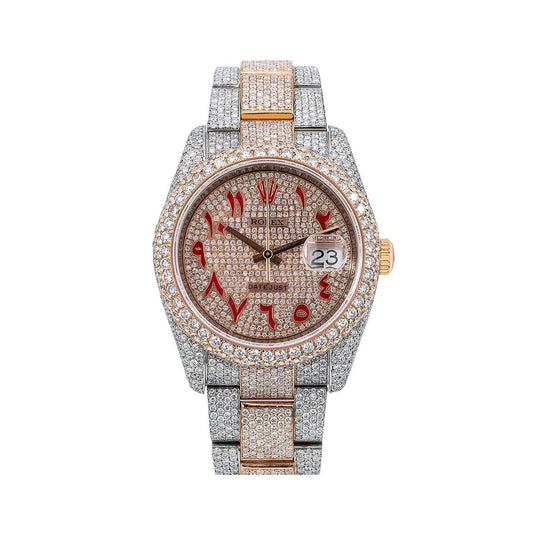 Rolex Datejust 36MM 116201 Diamond Paved Red Eastern Arabic Dial Diamond Bezel Two Tone Rose Gold Full Diamond Oyster Bracelet 21.75ct