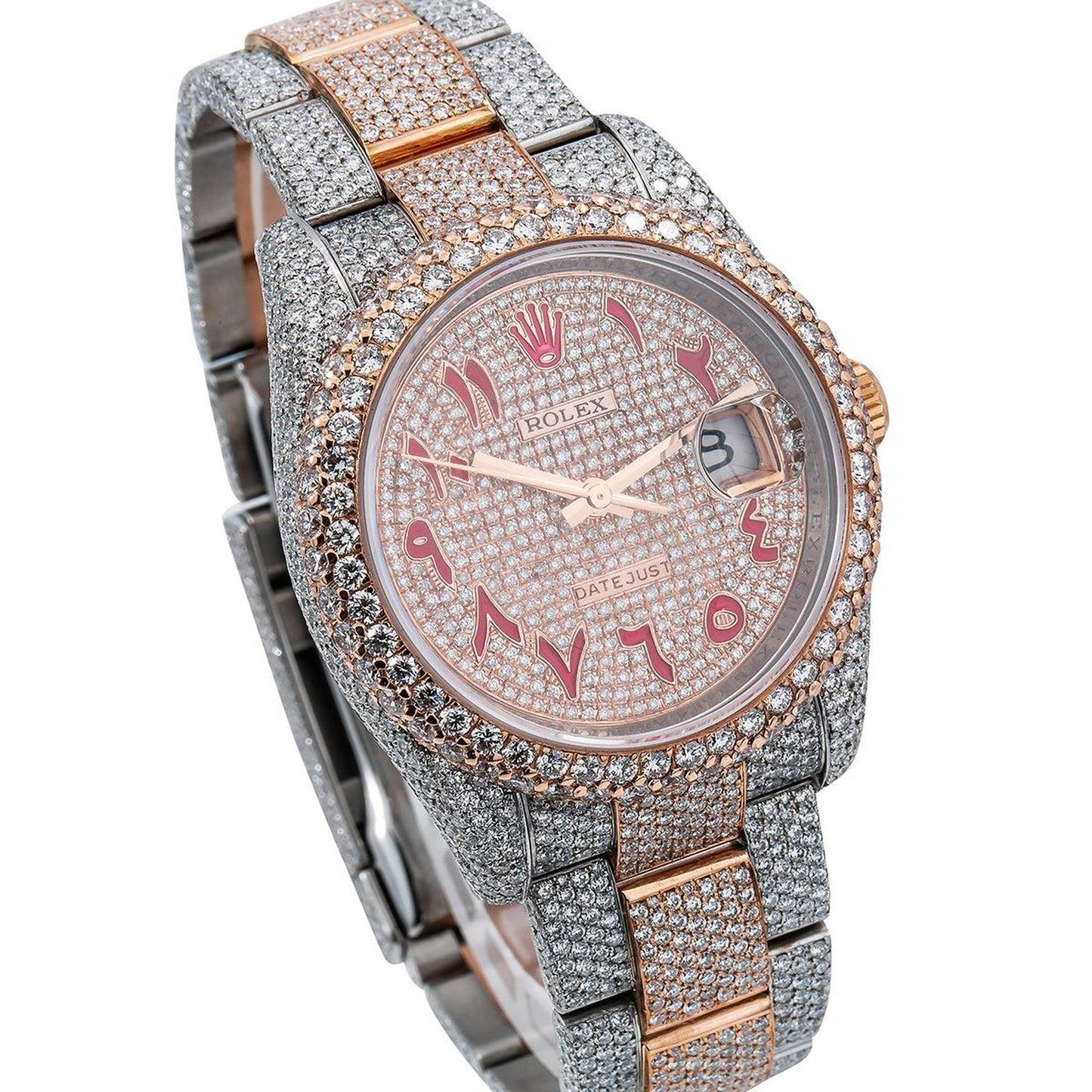 Rolex Datejust 36MM 116201 Diamond Paved Red Eastern Arabic Dial Diamond Bezel Two Tone Rose Gold Full Diamond Oyster Bracelet 21.75ct