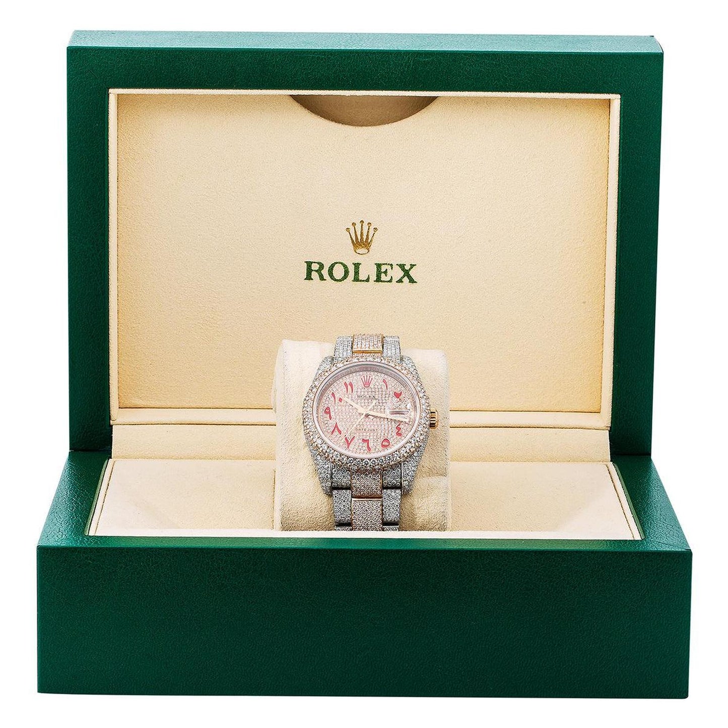 Rolex Datejust 36MM 116201 Diamond Paved Red Eastern Arabic Dial Diamond Bezel Two Tone Rose Gold Full Diamond Oyster Bracelet 21.75ct