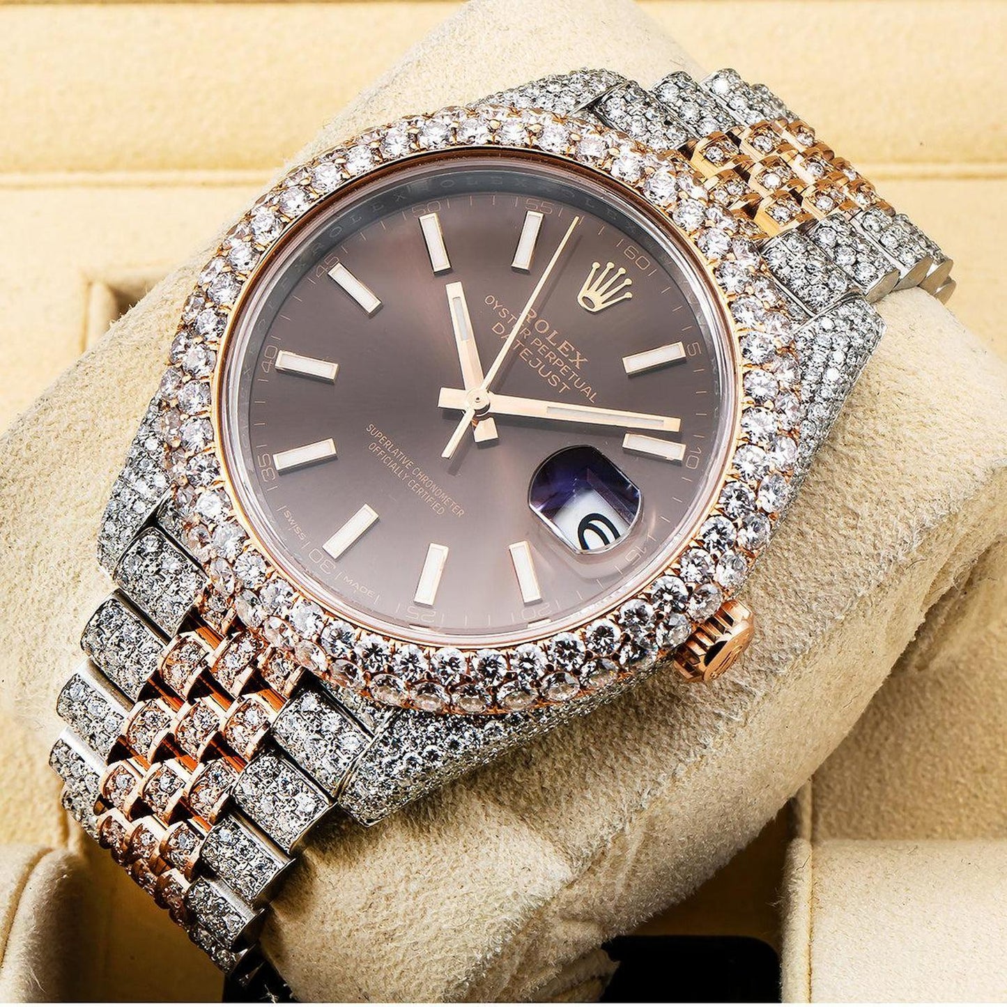 Rolex Datejust 36MM 126331 Chocolate Dial Diamond Bezel Two Tone Rose Gold Full Diamond Jubilee Bracelet 22.75ct