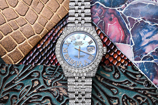 Rolex Datejust 36MM 1601 Blue Mother of Pearl Roman Diamond Dial Diamond Bezel Stainless Steel Full Diamond Jubilee Bracelet 9.25ct