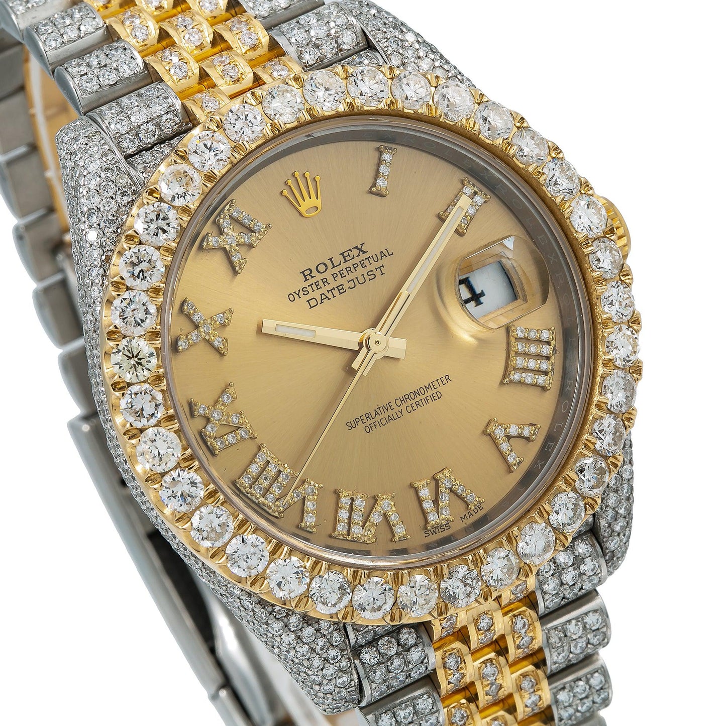 Rolex Datejust 41MM 126333 Champagne Roman Diamond Dial Diamond Bezel Two Tone Yellow Gold Full Diamond Jubilee Bracelet