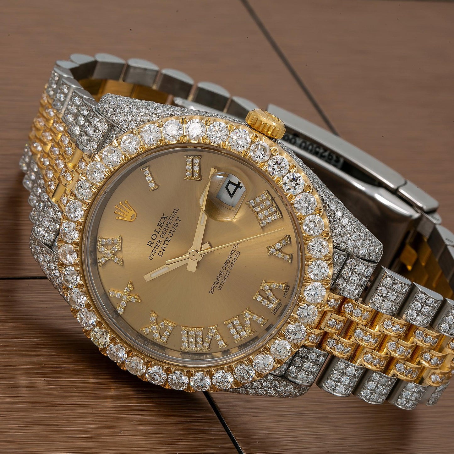 Rolex Datejust 41MM 126333 Champagne Roman Diamond Dial Diamond Bezel Two Tone Yellow Gold Full Diamond Jubilee Bracelet