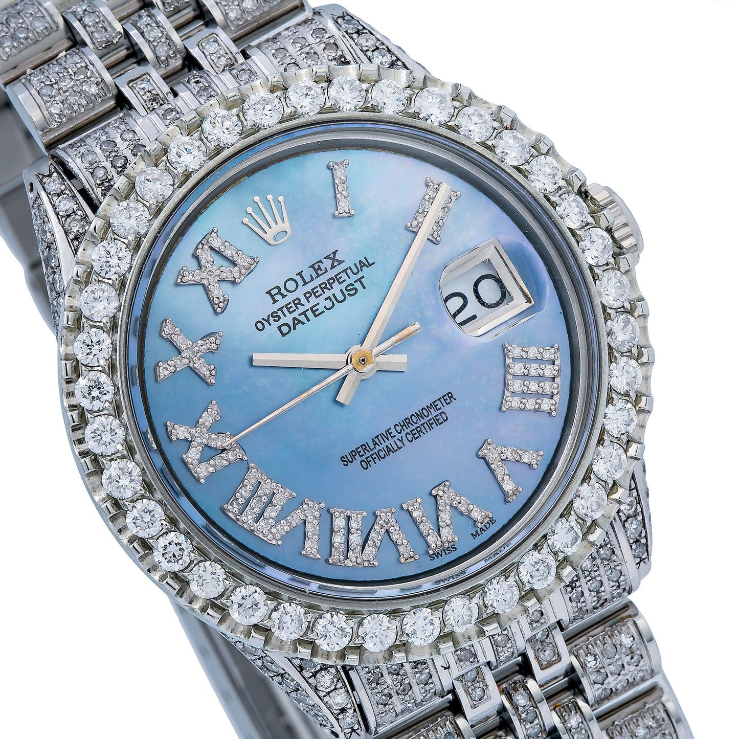 Rolex Datejust 36MM 1601 Blue Mother of Pearl Roman Diamond Dial Diamond Bezel Stainless Steel Full Diamond Jubilee Bracelet 9.25ct