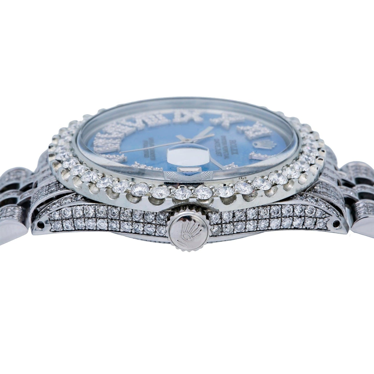 Rolex Datejust 36MM 1601 Blue Mother of Pearl Roman Diamond Dial Diamond Bezel Stainless Steel Full Diamond Jubilee Bracelet 9.25ct
