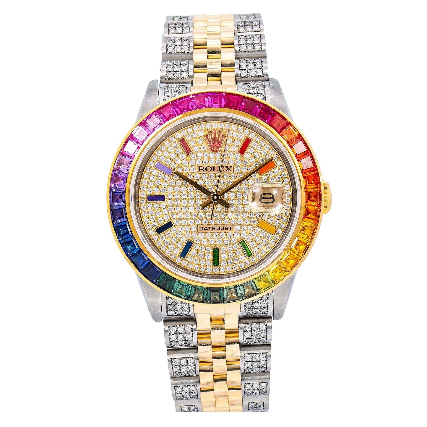 Rolex Datejust 36MM 16013 Diamond Paved Rainbow Hour Dial Rainbow Gemstone Bezel Two Tone Yellow Gold Semi Diamond Jubilee Bracelet 5.25ct