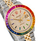 Rolex Datejust 36MM 16013 Diamond Paved Rainbow Hour Dial Rainbow Gemstone Bezel Two Tone Yellow Gold Semi Diamond Jubilee Bracelet 5.25ct