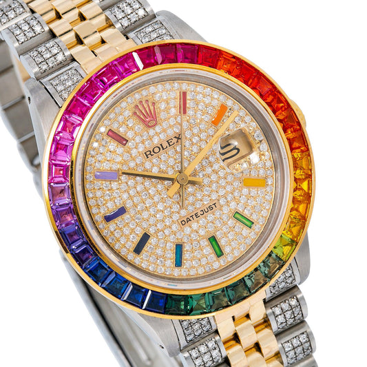 Rolex Datejust 36MM 16013 Diamond Paved Rainbow Hour Dial Rainbow Gemstone Bezel Two Tone Yellow Gold Semi Diamond Jubilee Bracelet 5.25ct