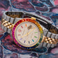 Rolex Datejust 36MM 16013 Diamond Paved Rainbow Hour Dial Rainbow Gemstone Bezel Two Tone Yellow Gold Semi Diamond Jubilee Bracelet 5.25ct