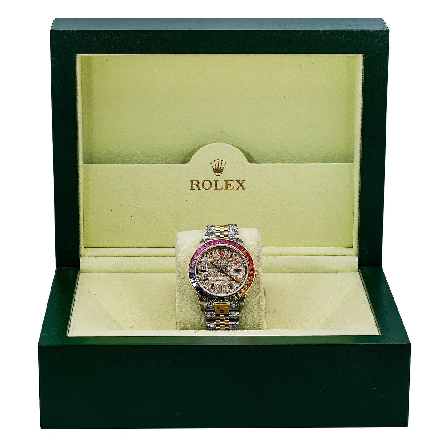 Rolex Datejust 36MM 16013 Diamond Paved Rainbow Hour Dial Rainbow Gemstone Bezel Two Tone Yellow Gold Semi Diamond Jubilee Bracelet 5.25ct