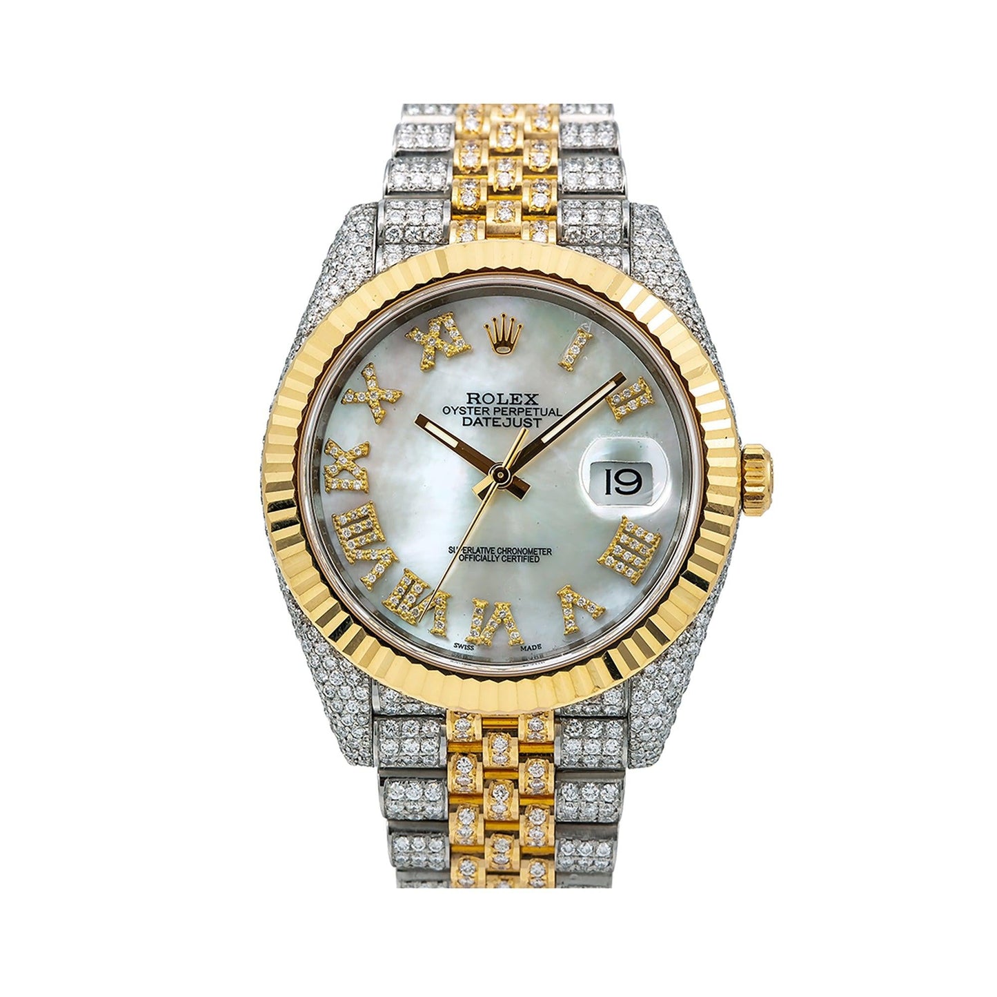 Rolex Datejust 41MM 126333 Mother of Pearl Roman Diamond Dial Fluted Bezel Two Tone Yellow Gold Full Diamond Jubilee Bracelet