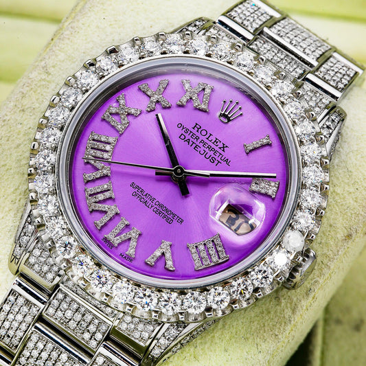 Rolex Datejust 36MM 16200 Purple Roman Diamond Dial Diamond Bezel Stainless Steel Full Diamond Oyster Bracelet 9.25ct