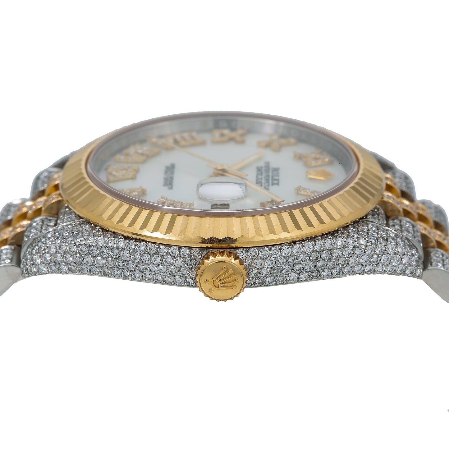 Rolex Datejust 41MM 126333 Mother of Pearl Roman Diamond Dial Fluted Bezel Two Tone Yellow Gold Full Diamond Jubilee Bracelet