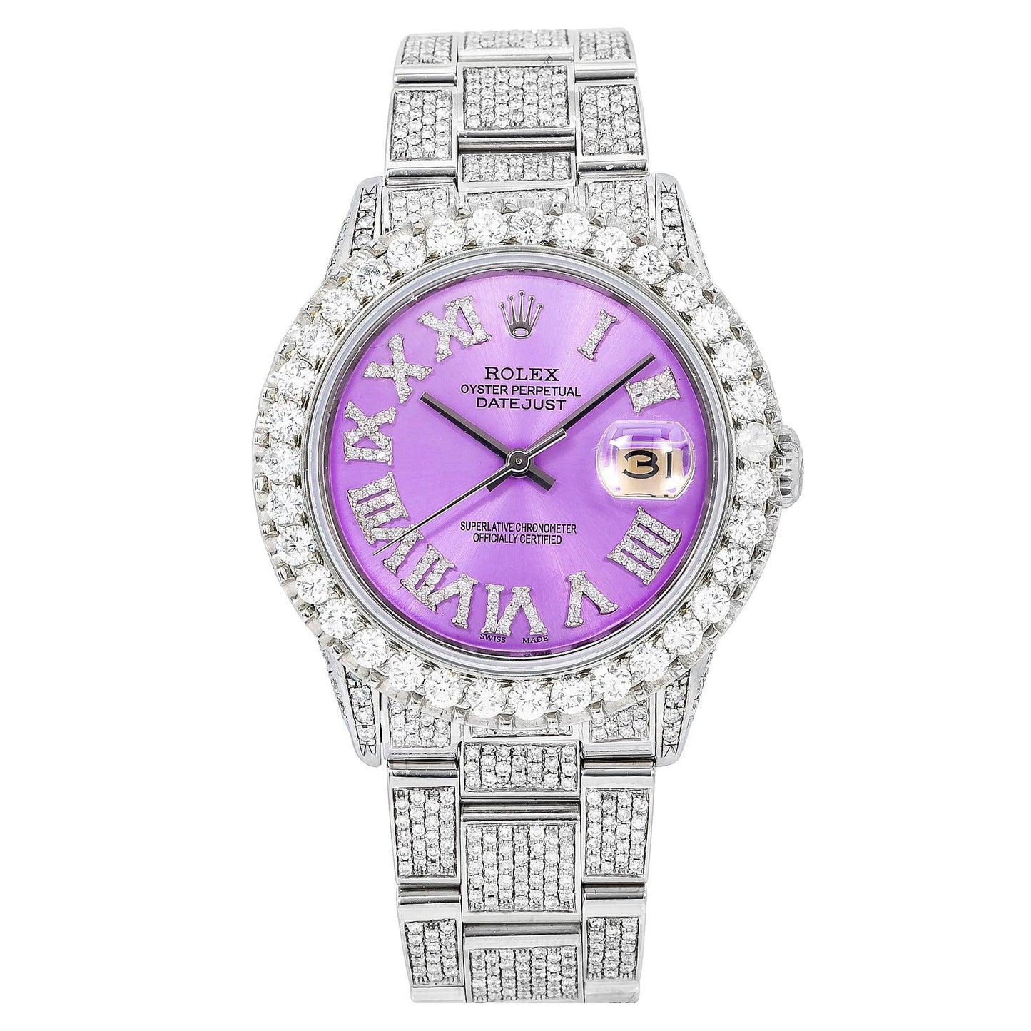 Rolex Datejust 36MM 16200 Purple Roman Diamond Dial Diamond Bezel Stainless Steel Full Diamond Oyster Bracelet 9.25ct
