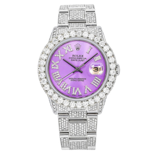 Rolex Datejust 36MM 16200 Purple Roman Diamond Dial Diamond Bezel Stainless Steel Full Diamond Oyster Bracelet 9.25ct