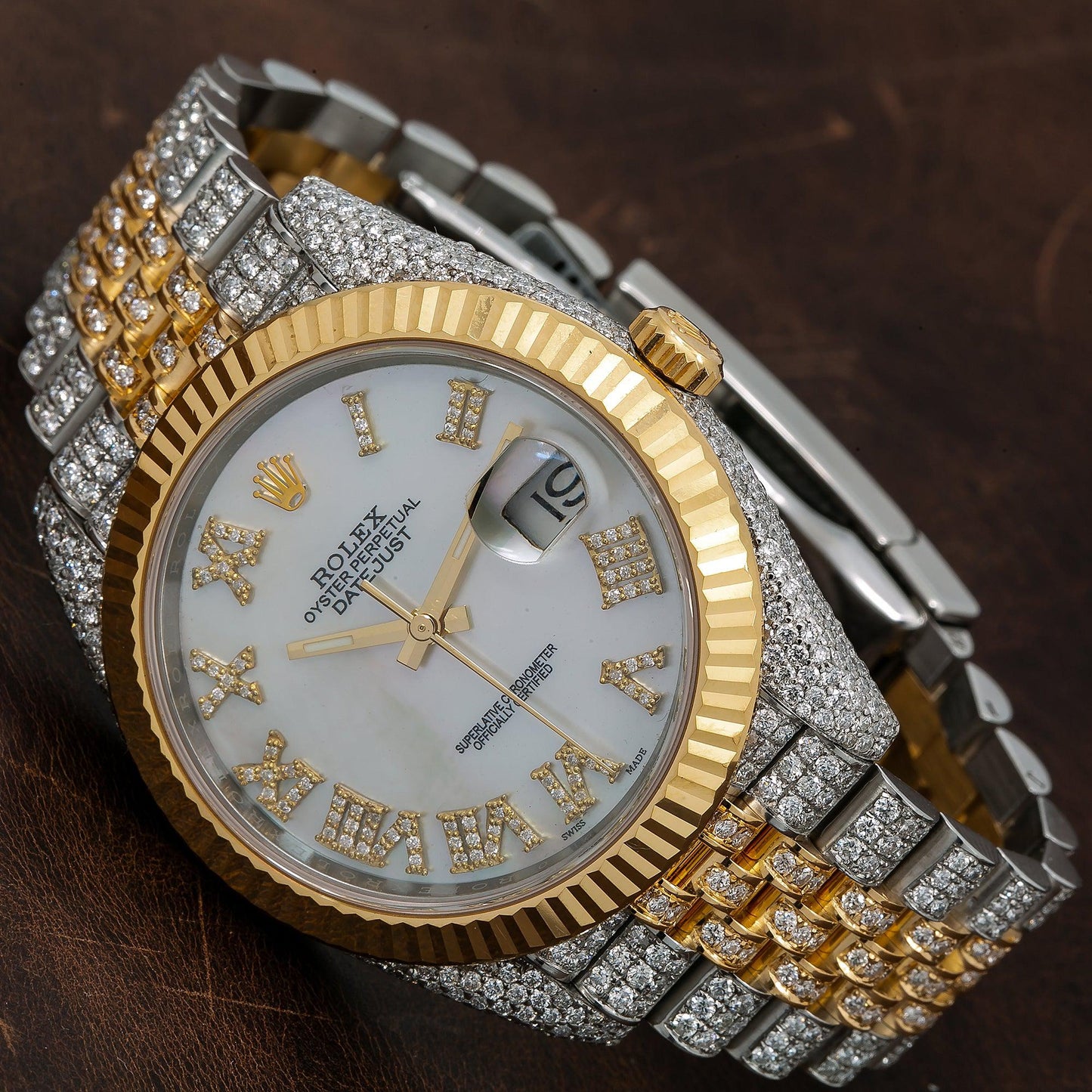 Rolex Datejust 41MM 126333 Mother of Pearl Roman Diamond Dial Fluted Bezel Two Tone Yellow Gold Full Diamond Jubilee Bracelet
