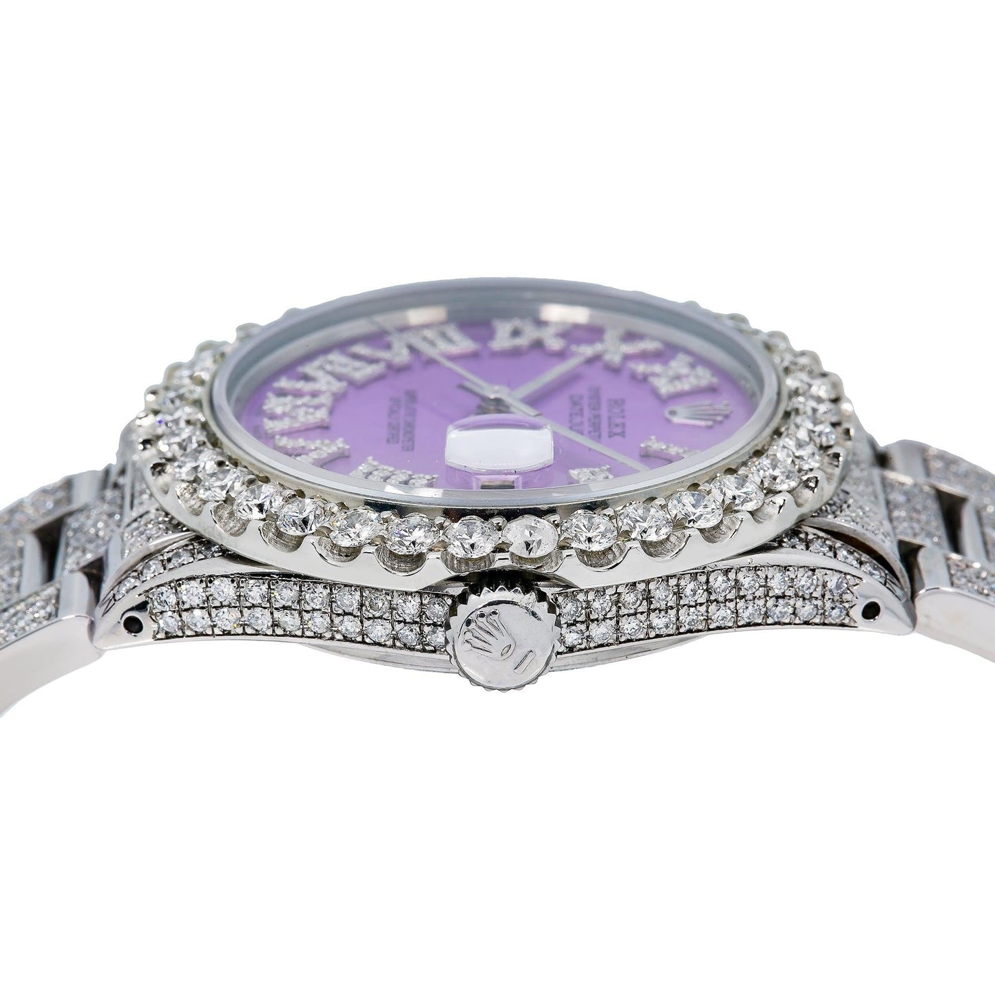 Rolex Datejust 36MM 16200 Purple Roman Diamond Dial Diamond Bezel Stainless Steel Full Diamond Oyster Bracelet 9.25ct