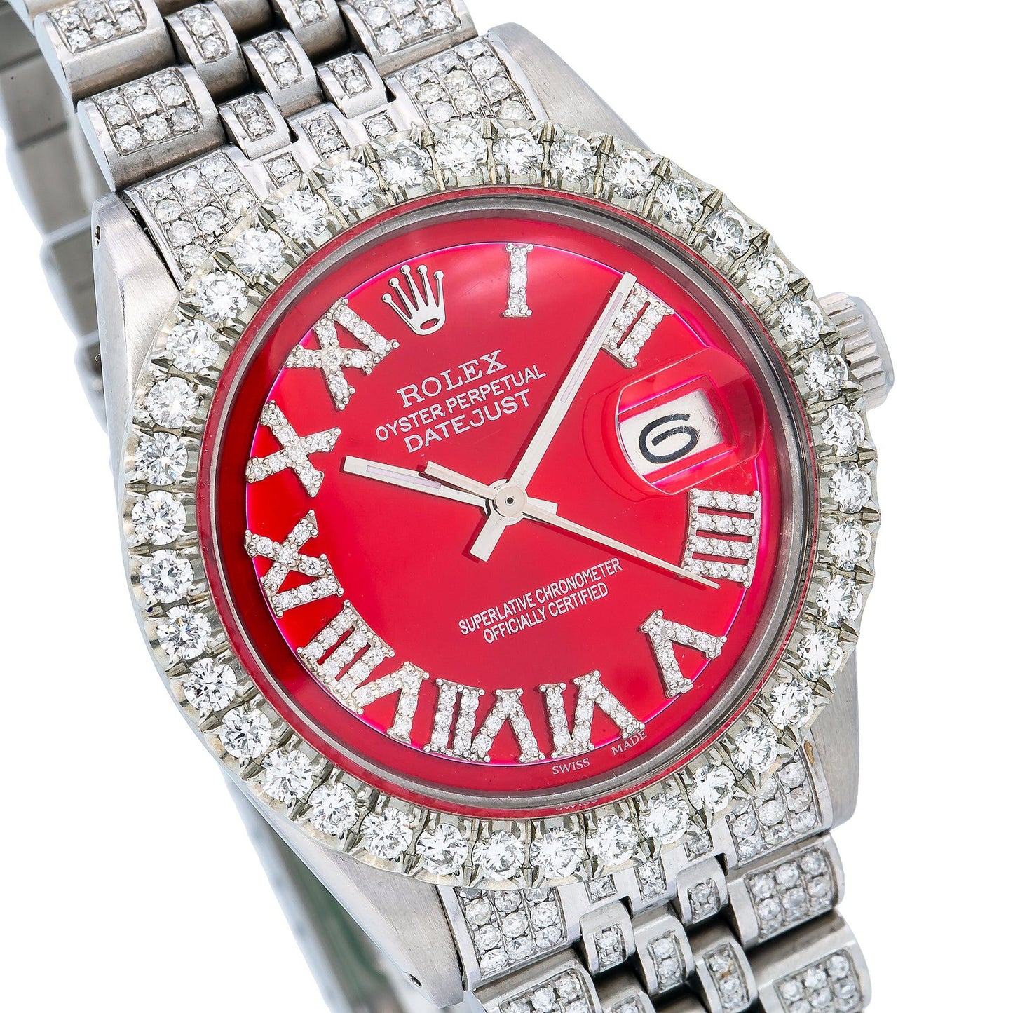 Rolex Datejust 36MM 1601 Red Roman Diamond Dial Diamond Bezel Stainless Steel Full Diamond Jubilee Bracelet 7.75ct