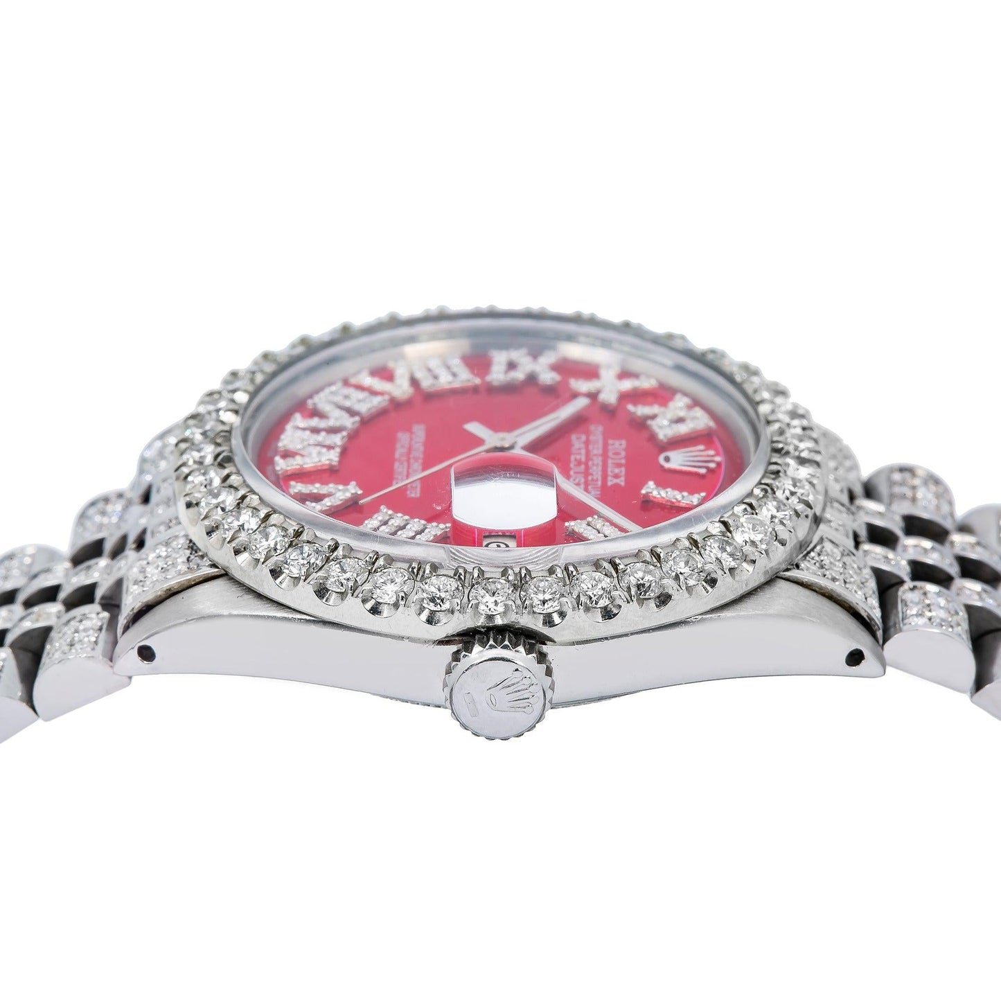 Rolex Datejust 36MM 1601 Red Roman Diamond Dial Diamond Bezel Stainless Steel Full Diamond Jubilee Bracelet 7.75ct
