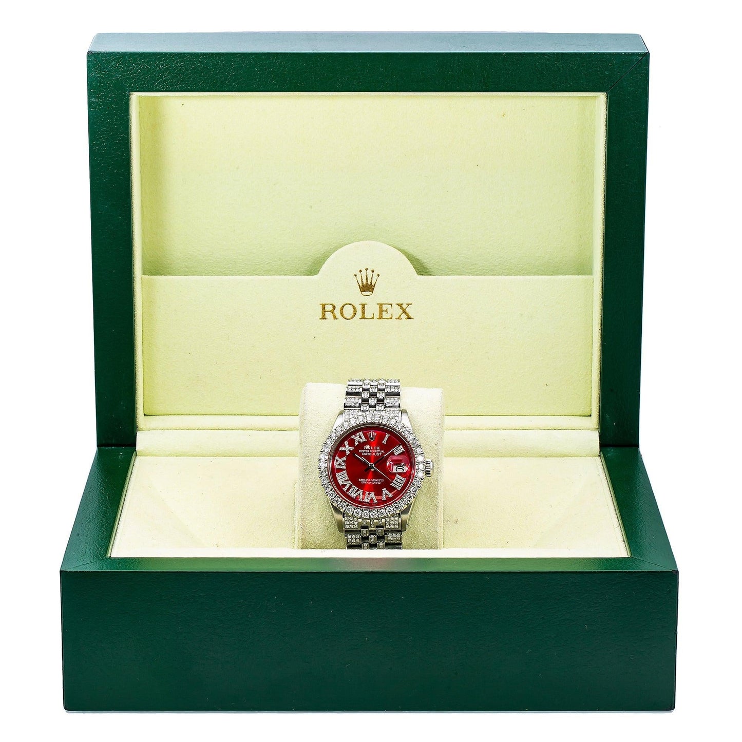 Rolex Datejust 36MM 1601 Red Roman Diamond Dial Diamond Bezel Stainless Steel Full Diamond Jubilee Bracelet 7.75ct