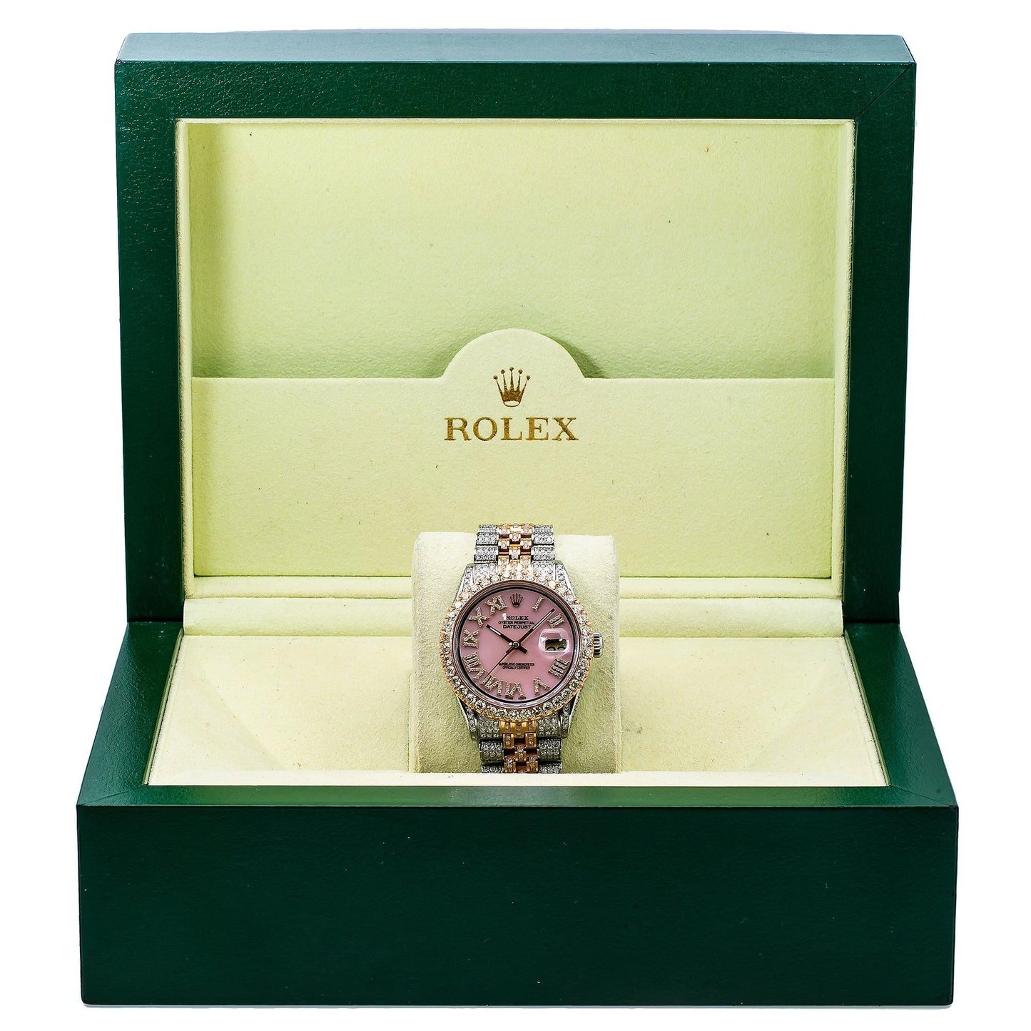 Rolex Datejust 36MM 1601 Pink Mother of Pearl Roman Diamond Dial Diamond Bezel Two Tone Rose Gold Full Diamond Jubilee Bracelet 8.75ct