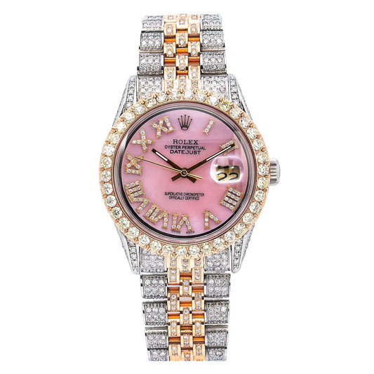 Rolex Datejust 36MM 1601 Pink Mother of Pearl Roman Diamond Dial Diamond Bezel Two Tone Rose Gold Full Diamond Jubilee Bracelet 8.75ct