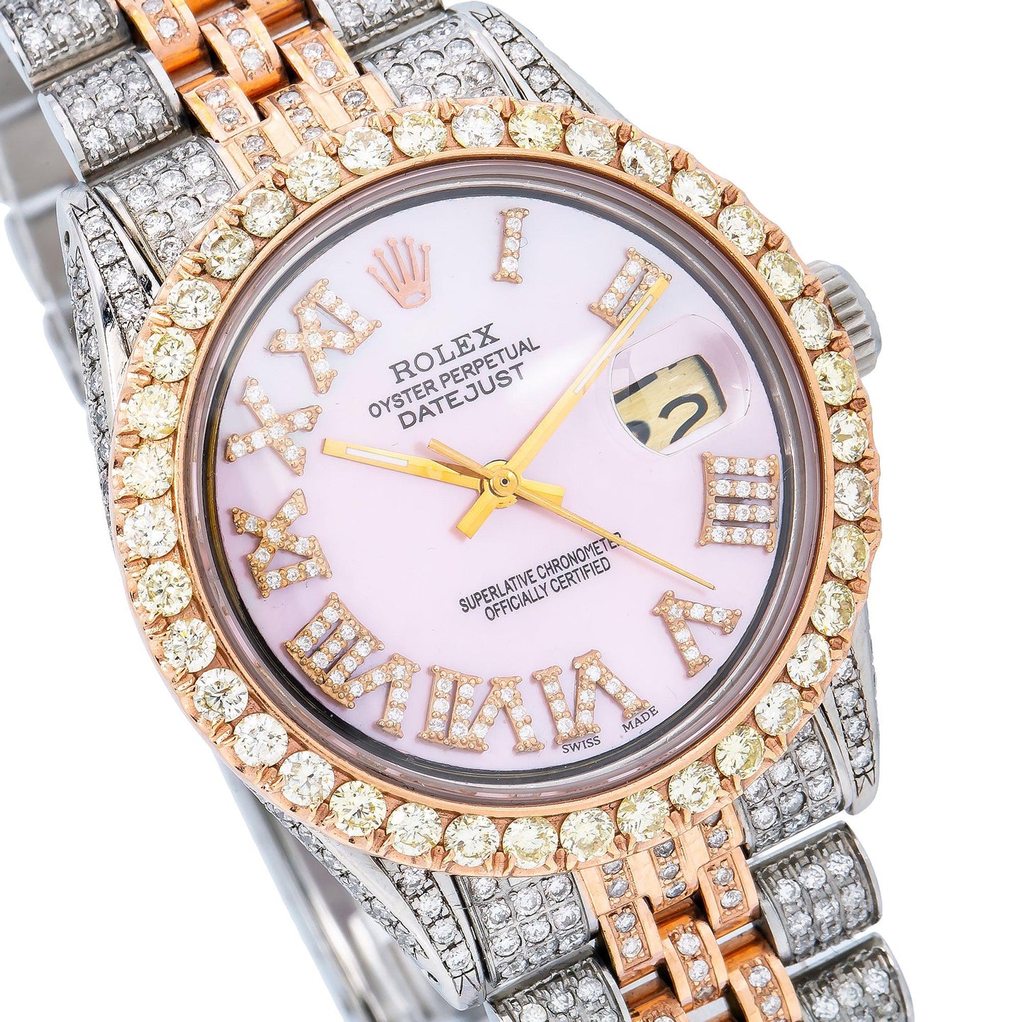 Rolex Datejust 36MM 1601 Pink Mother of Pearl Roman Diamond Dial Diamond Bezel Two Tone Rose Gold Full Diamond Jubilee Bracelet 8.75ct