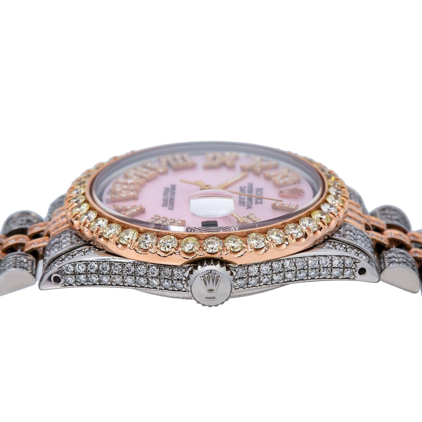 Rolex Datejust 36MM 1601 Pink Mother of Pearl Roman Diamond Dial Diamond Bezel Two Tone Rose Gold Full Diamond Jubilee Bracelet 8.75ct