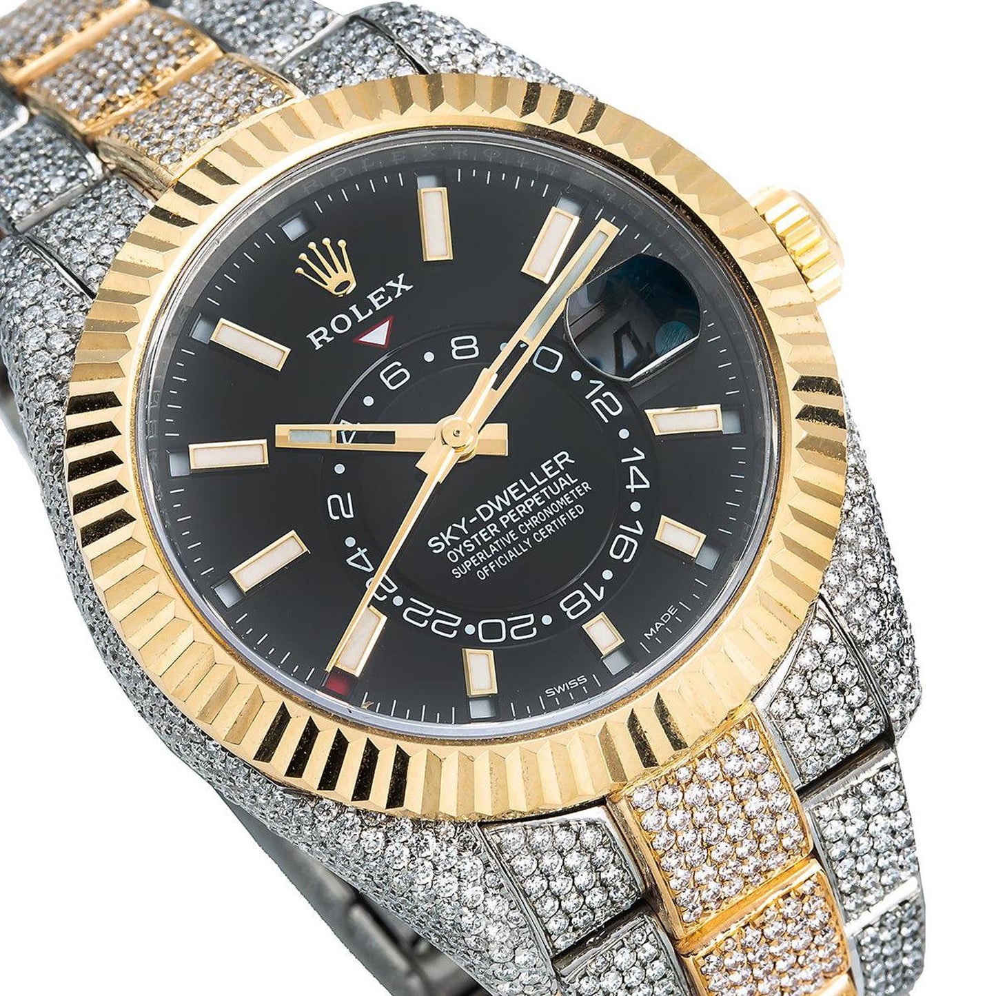 Rolex Sky-Dweller 42MM 326933 Black Dial Fluted Bezel Two Tone Yellow Gold Full Diamond Oyster Bracelet 21.5ct
