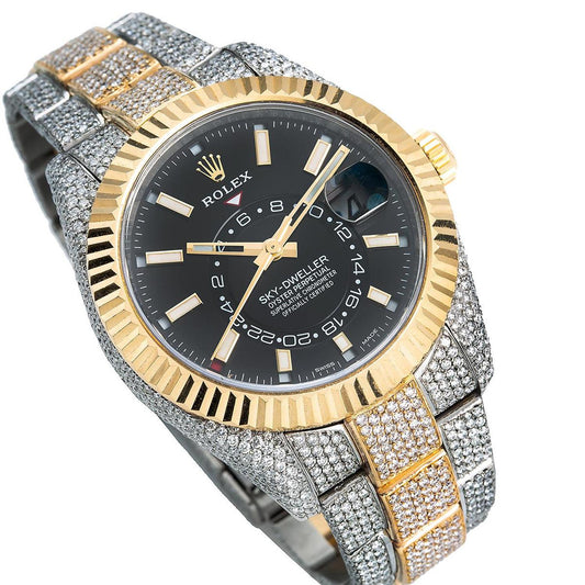 Rolex Sky-Dweller 42MM 326933 Black Dial Fluted Bezel Two Tone Yellow Gold Full Diamond Oyster Bracelet 21.5ct