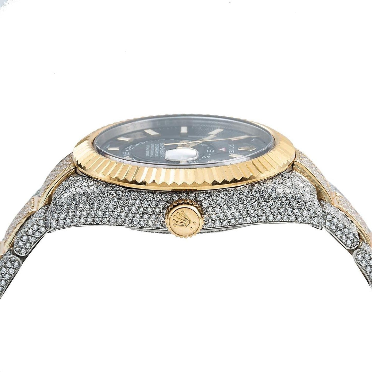 Rolex Sky-Dweller 42MM 326933 Black Dial Fluted Bezel Two Tone Yellow Gold Full Diamond Oyster Bracelet 21.5ct
