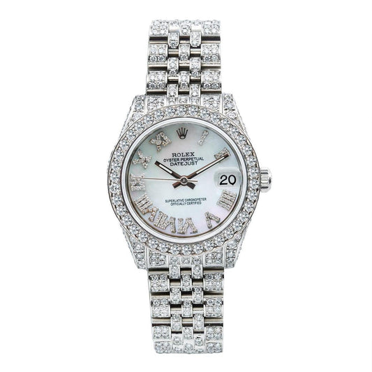 Rolex Datejust 31MM 178240 Blue Mother of Pearl Roman Diamond Dial Diamond Bezel Stainless Steel Full Diamond Jubilee Bracelet 9.25ct