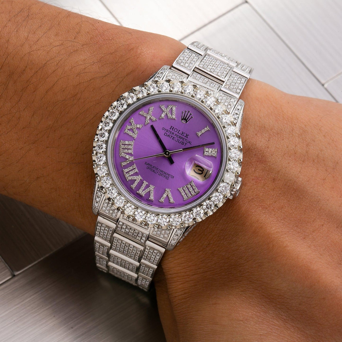 Rolex Datejust 36MM 16200 Purple Roman Diamond Dial Diamond Bezel Stainless Steel Full Diamond Oyster Bracelet 9.25ct