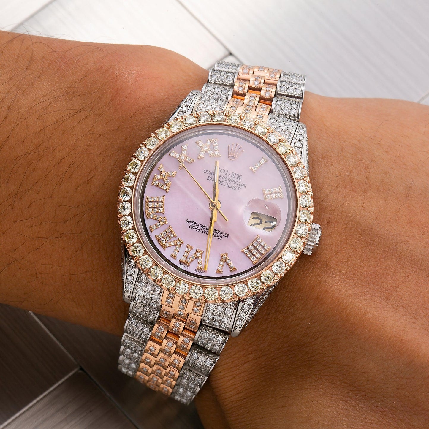 Rolex Datejust 36MM 1601 Pink Mother of Pearl Roman Diamond Dial Diamond Bezel Two Tone Rose Gold Full Diamond Jubilee Bracelet 8.75ct