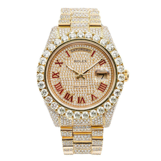 Rolex Day-Date II 41MM 218238 Diamond Paved Red Roman Dial Diamond Bezel 18K Yellow Gold Full Diamond President Bracelet 21.75ct