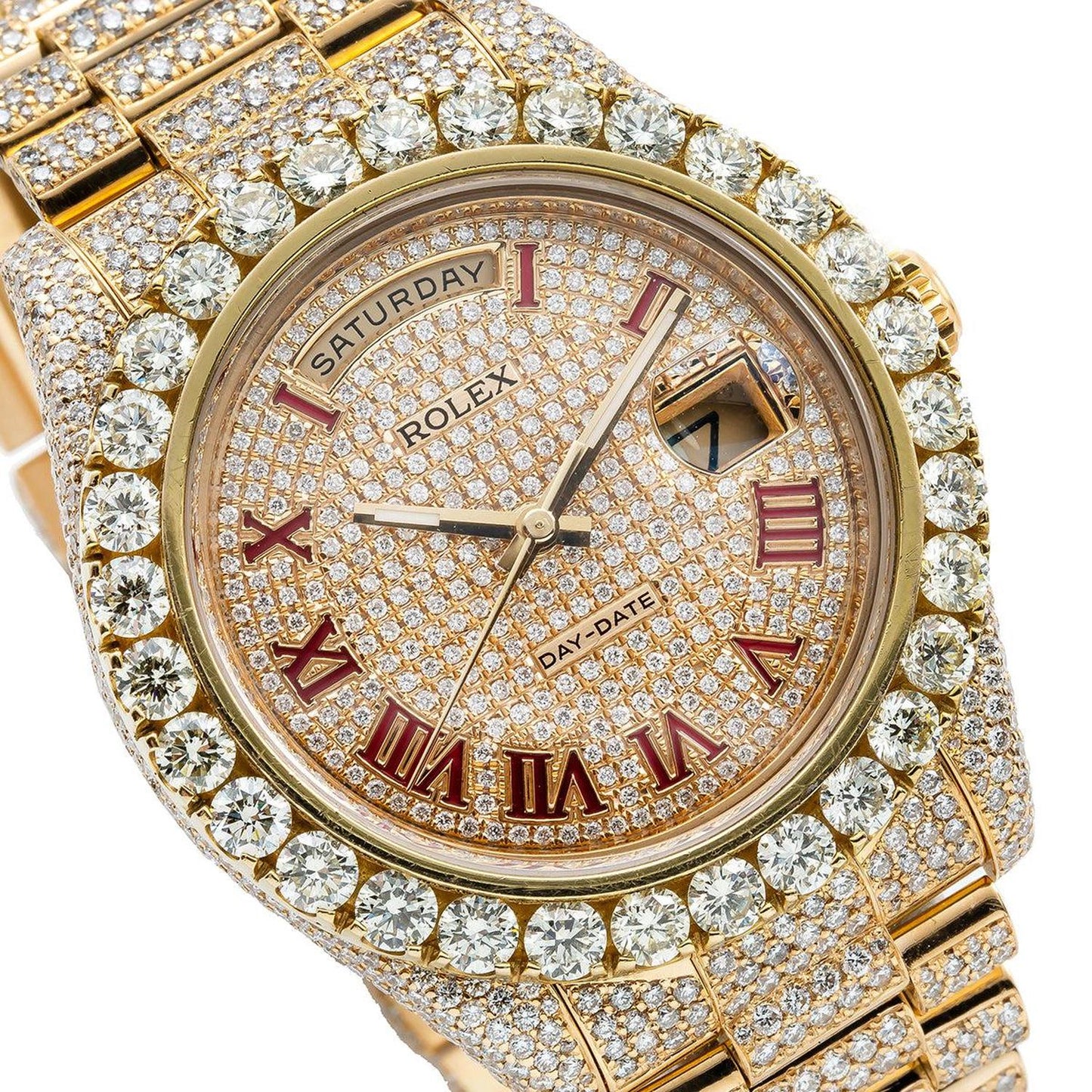 Rolex Day-Date II 41MM 218238 Diamond Paved Red Roman Dial Diamond Bezel 18K Yellow Gold Full Diamond President Bracelet 21.75ct