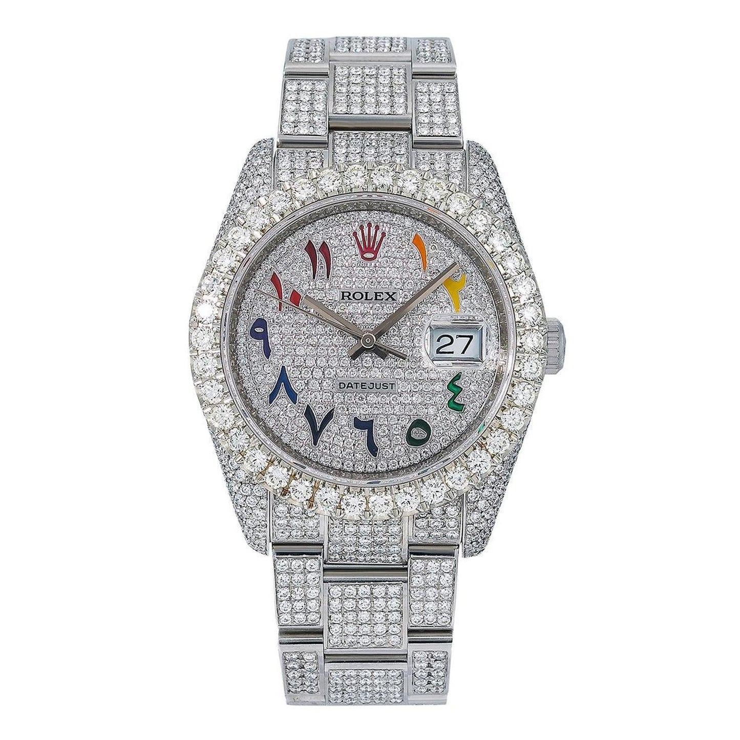 Rolex Datejust 36MM 116234 Diamond Paved Rainbow Eastern Arabic Dial Diamond Bezel Stainless Steel Full Diamond Oyster Bracelet