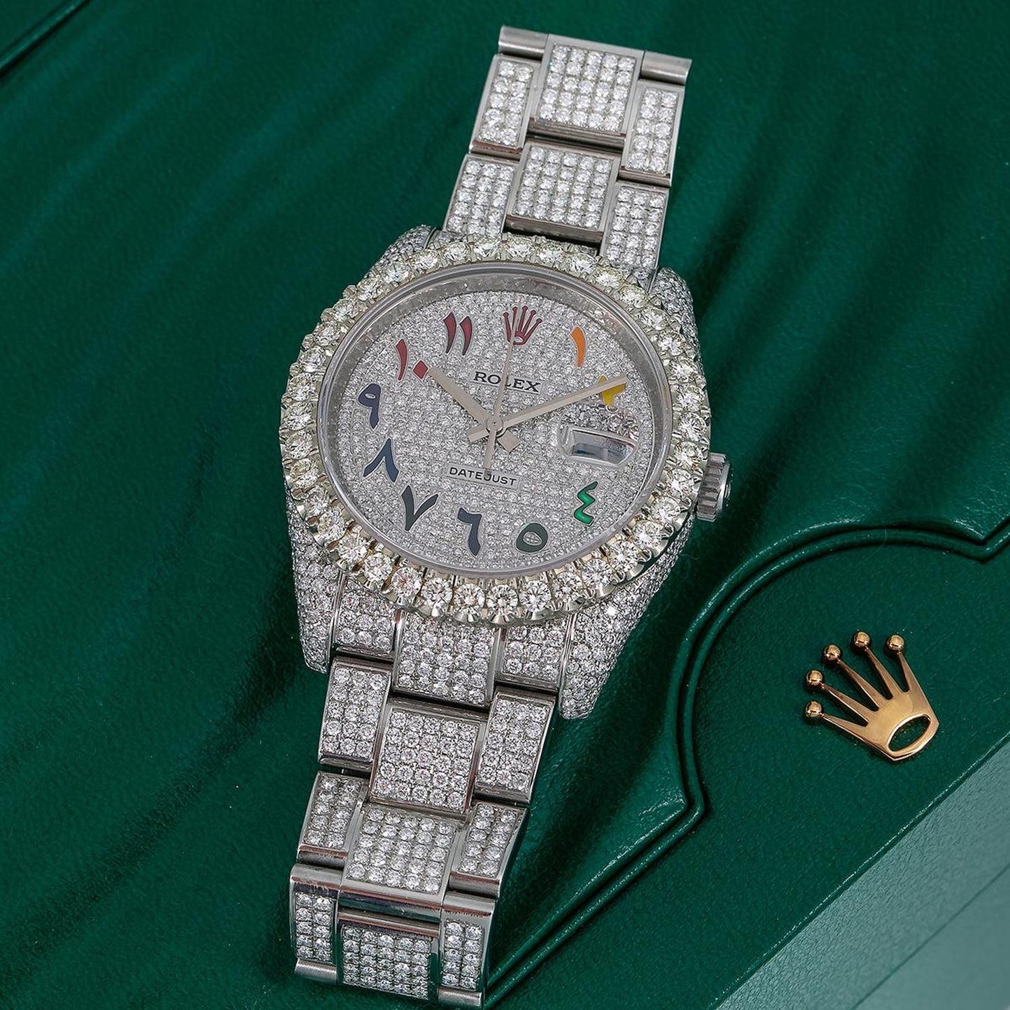 Rolex Datejust 36MM 116234 Diamond Paved Rainbow Eastern Arabic Dial Diamond Bezel Stainless Steel Full Diamond Oyster Bracelet