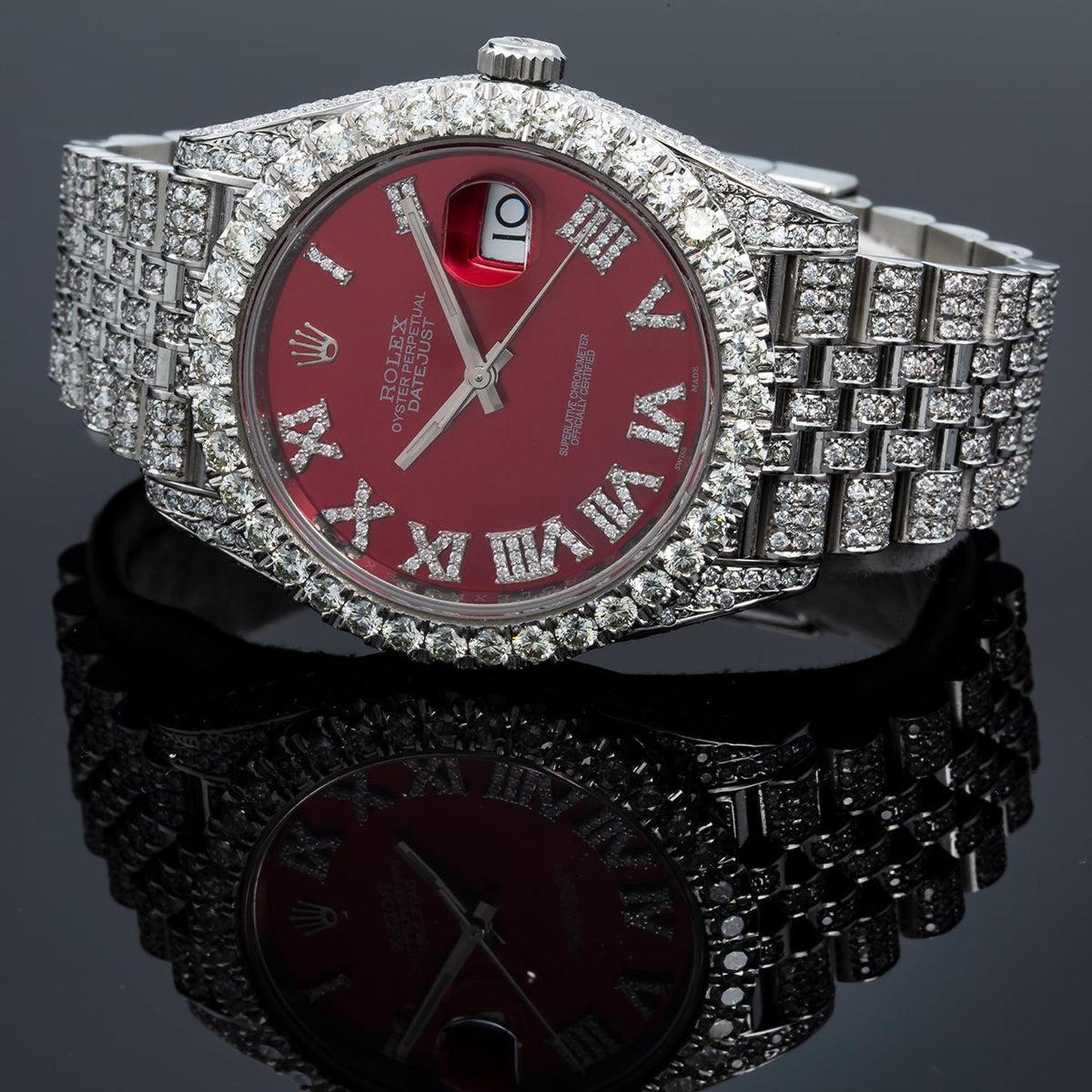 Rolex Datejust 41MM 116334 Red Roman Diamond Dial Diamond Bezel Stainless Steel Full Diamond Jubilee Bracelet 11.75ct