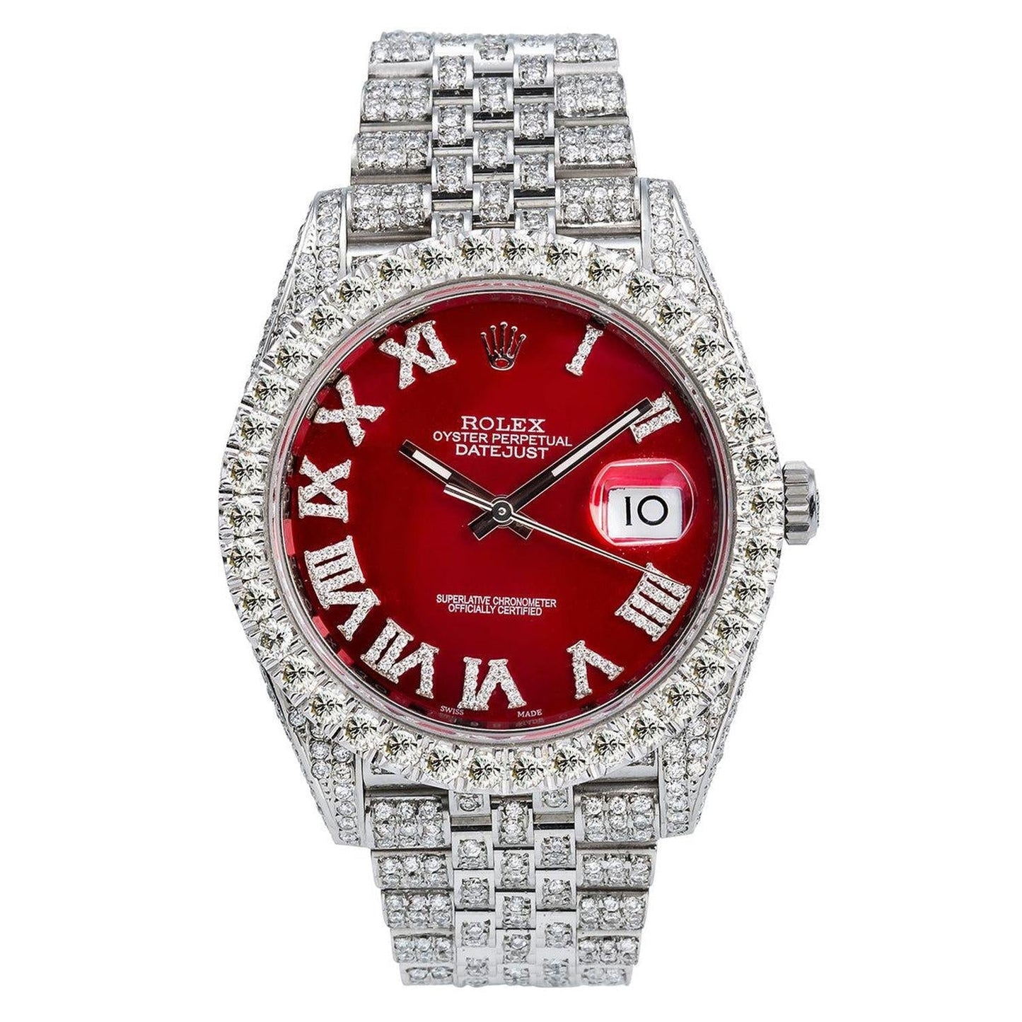 Rolex Datejust 41MM 116334 Red Roman Diamond Dial Diamond Bezel Stainless Steel Full Diamond Jubilee Bracelet 11.75ct